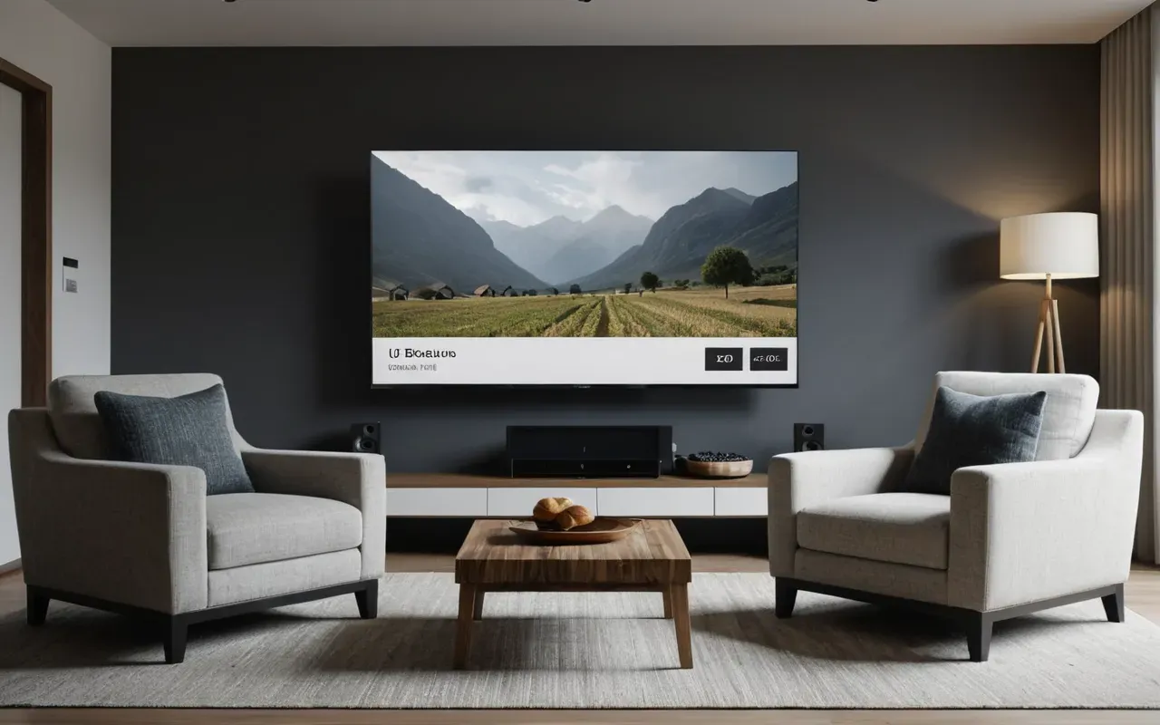 Wide shot of a modern minimalist living room with a large television screen glowing softly in the background and two comfortable armchairs arranged for conversation under warm ceiling lights.