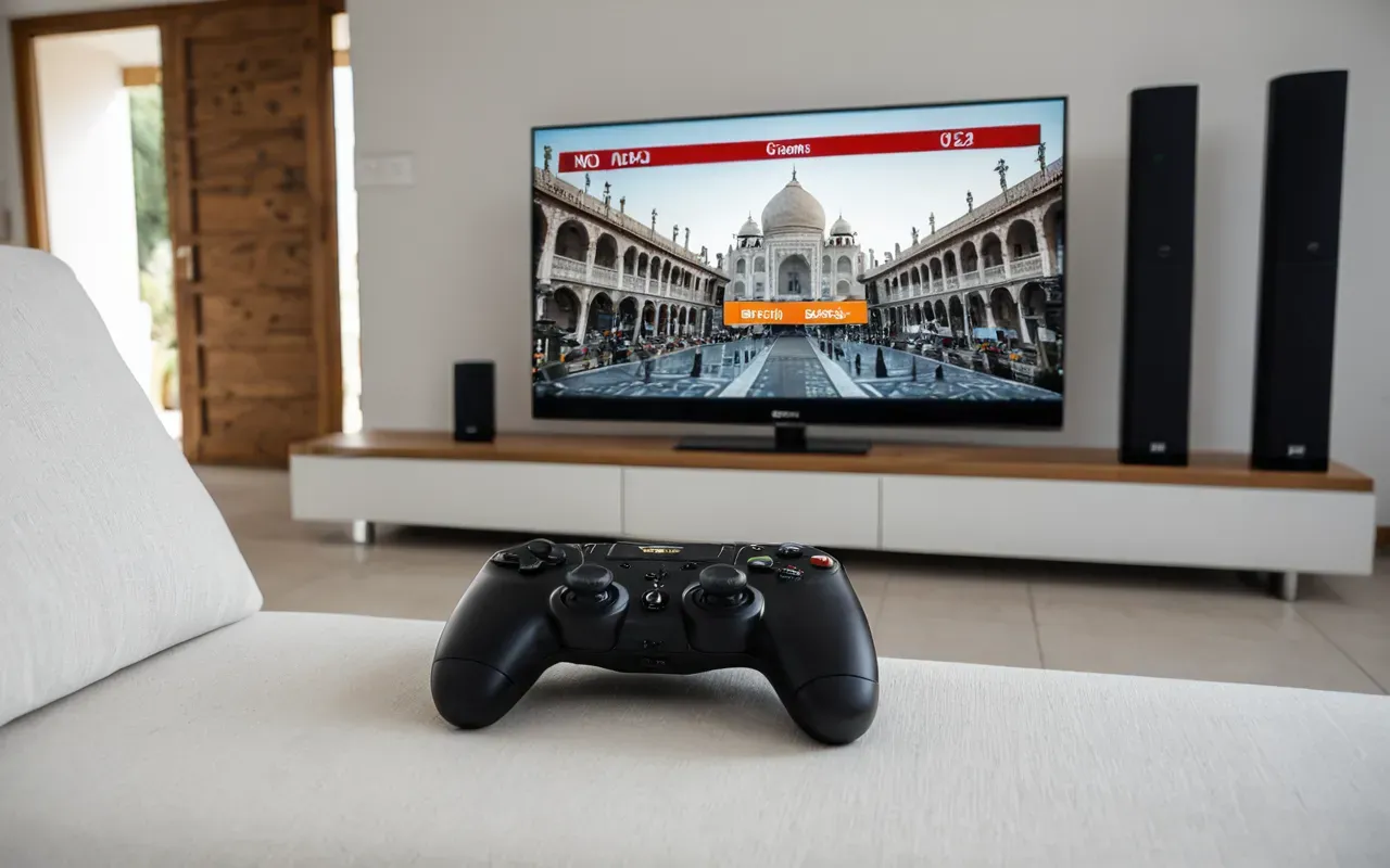 A bright modern living room with a large television screen showing a vibrant action scene. A gaming controller rests on the white sofa cushion in the foreground.