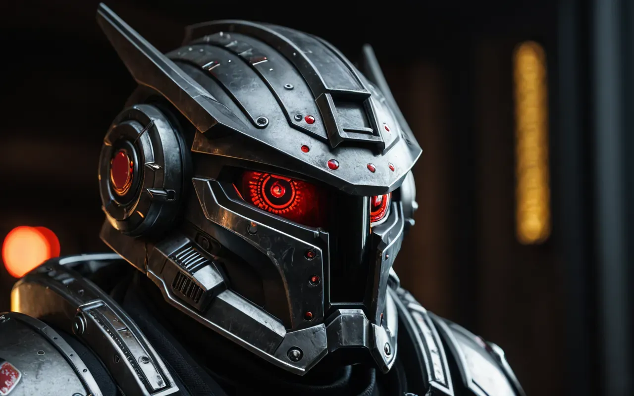 A cinematic close-up of a heavily armored sci-fi helmet with glowing red eyes and metallic textures. Dark atmospheric lighting highlights the intricate mechanical details.