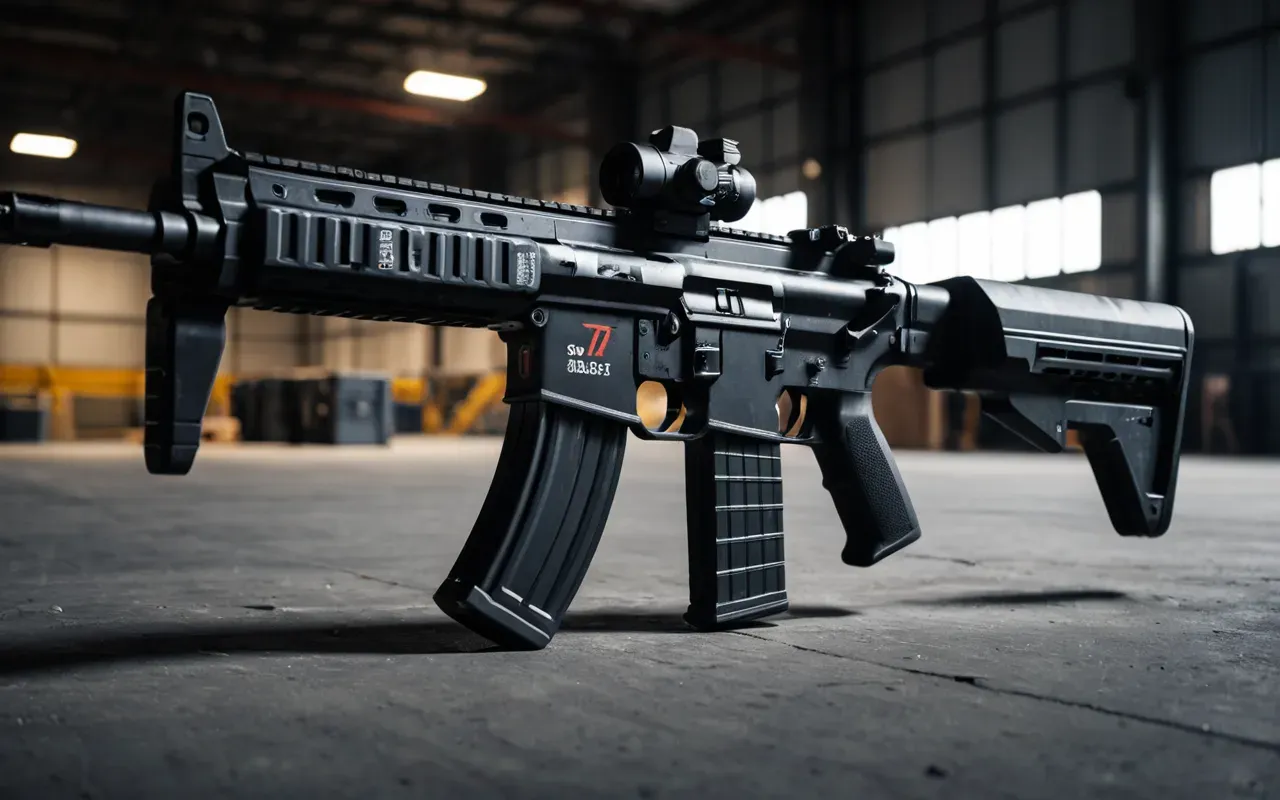 A close-up of a futuristic assault rifle resting on a concrete surface in a dimly lit industrial warehouse. The weapon has sleek black polymer and metallic accents. Soft blue light highlights the barrel details.