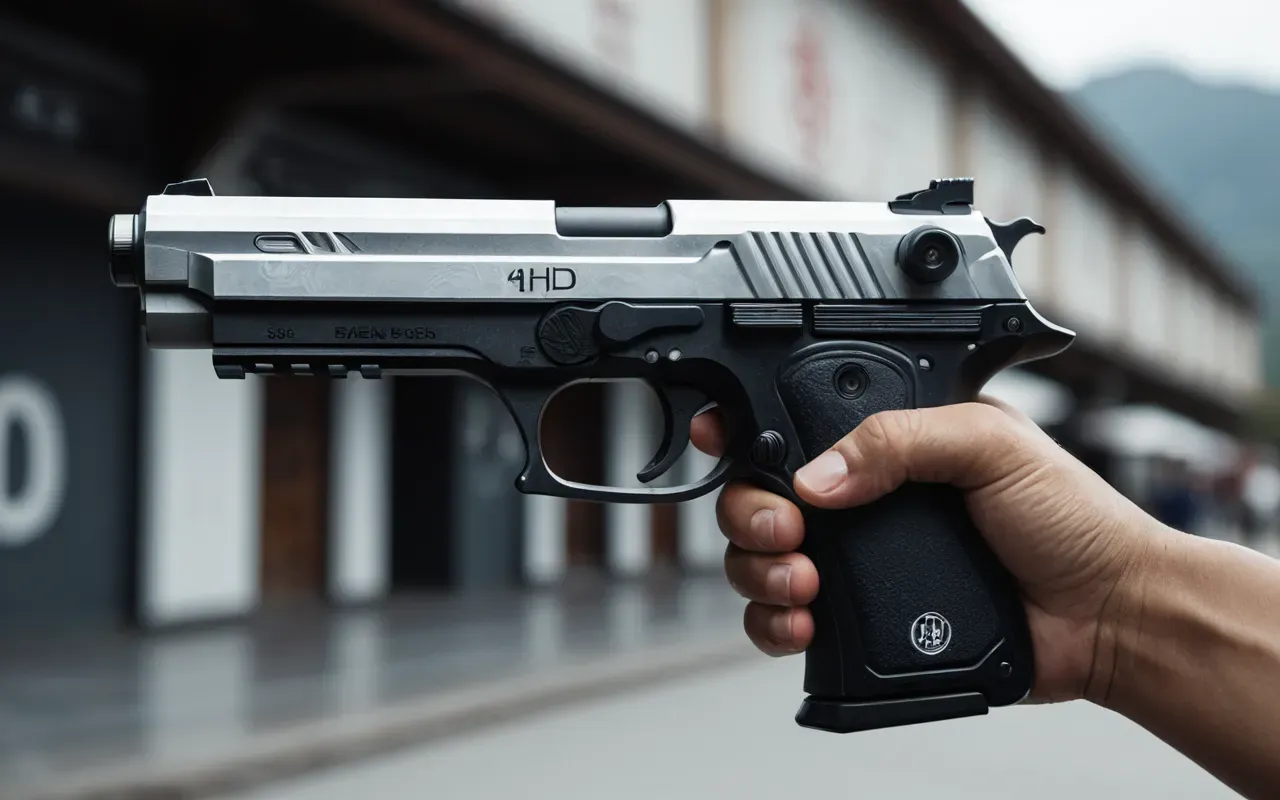 A close up of a futuristic energy pistol with sleek black and silver design elements held firmly in hand against a blurred background suggesting intense focus and readiness for combat action scene