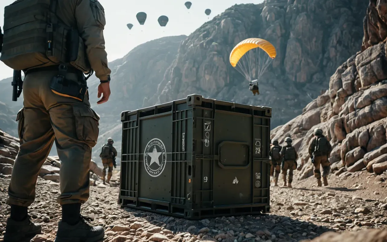 A close-up of a futuristic tactical crate dropping from the sky with parachutes deploying and soldiers looking up in anticipation on a rocky terrain.