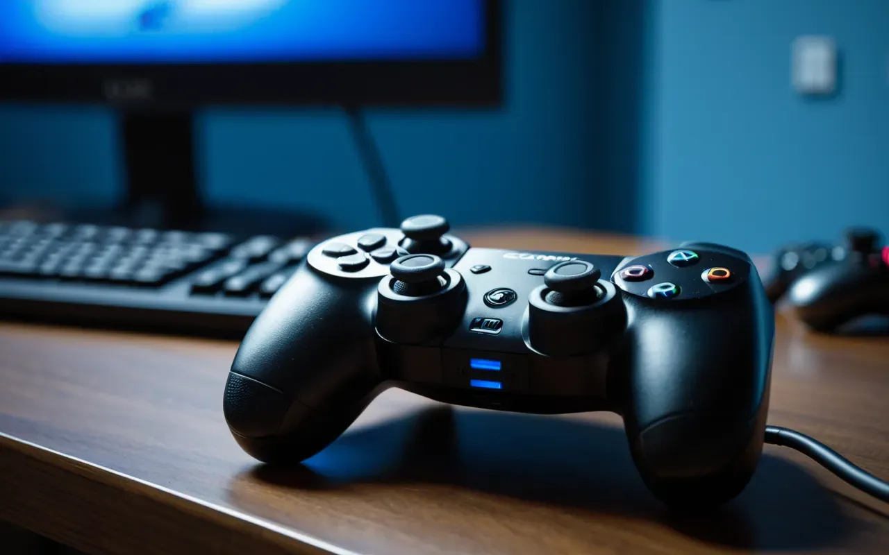 A close-up of a gaming controller on a desk with soft blue LED lighting in the background showing focused gameplay atmosphere without any visible text or logos.