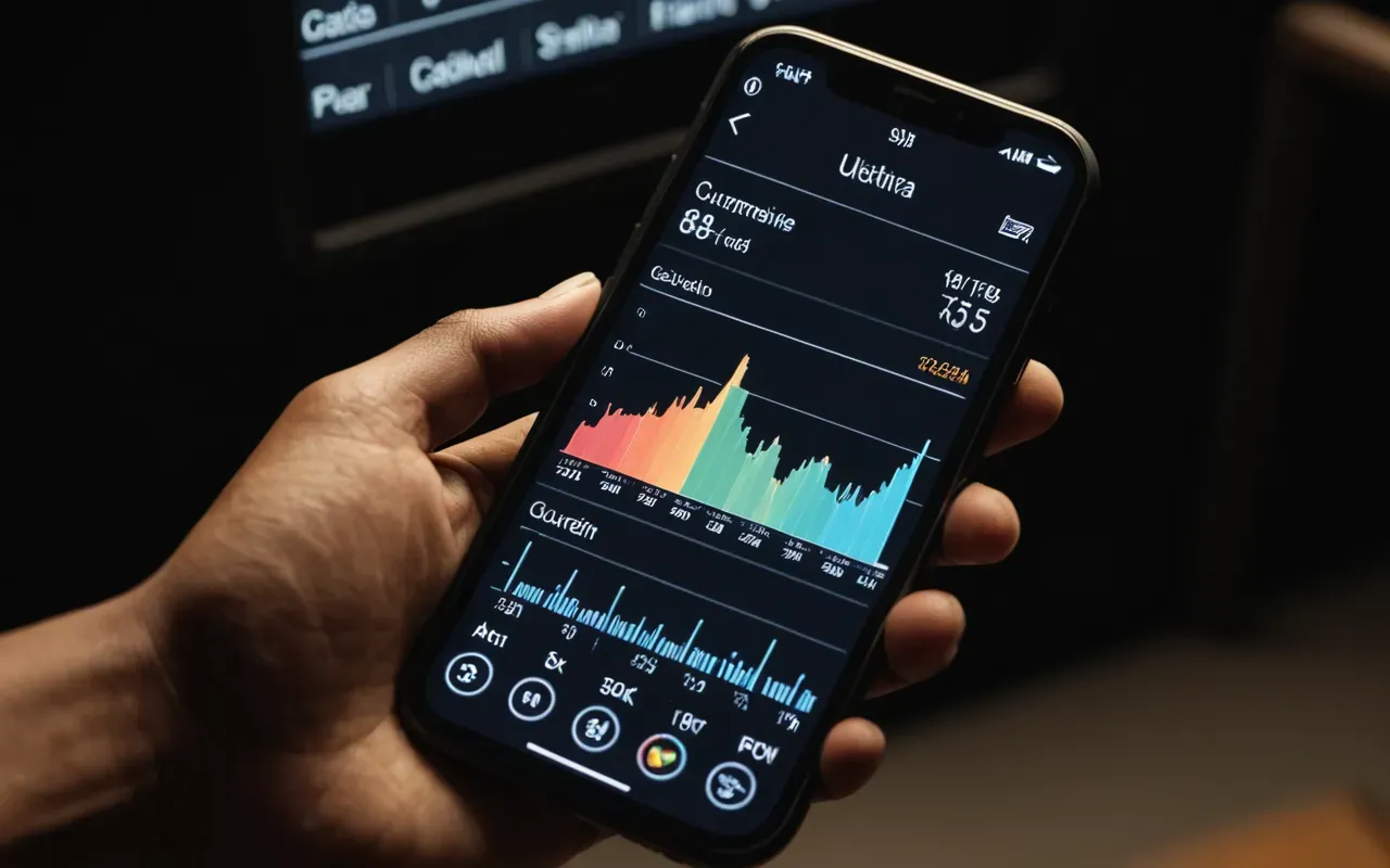 A close up of a hand holding a smartphone displaying abstract colorful graphs and data points against a dark background with soft studio lighting.