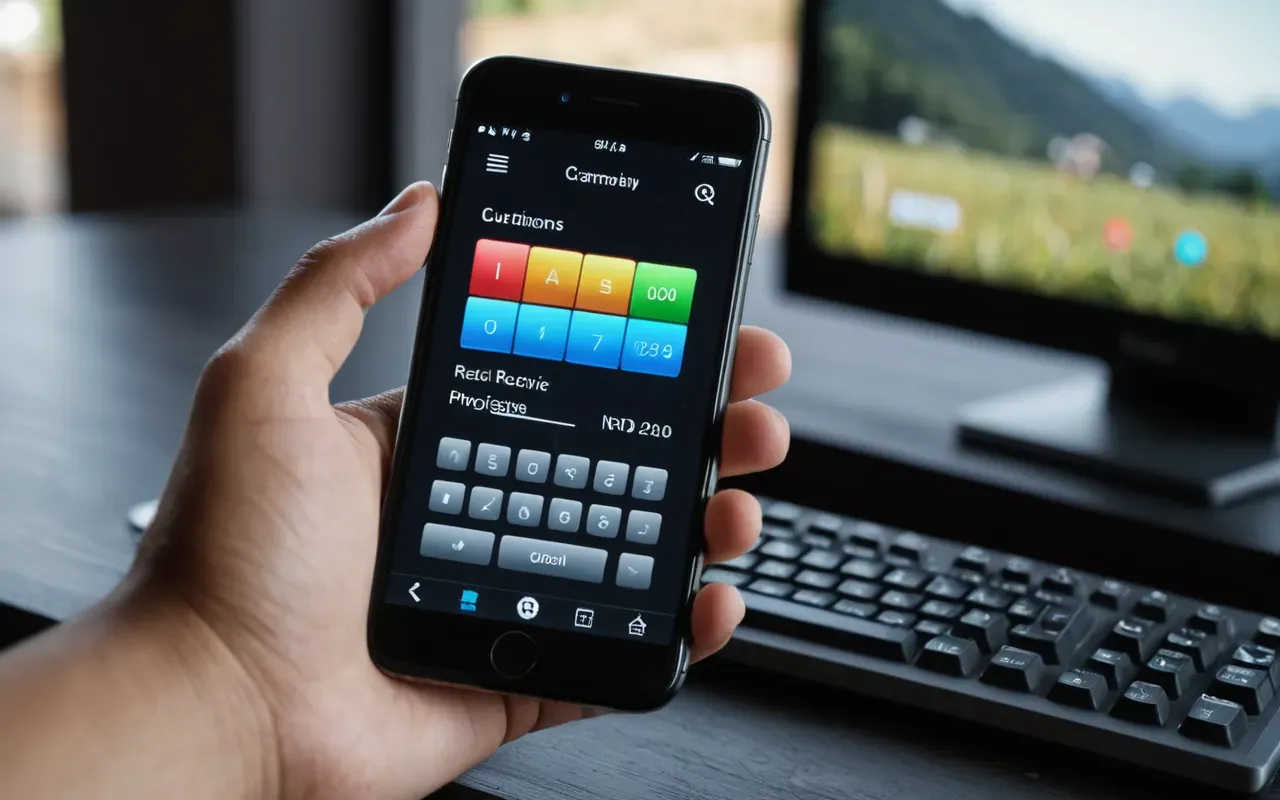 A close up of a hand holding a smartphone displaying a colorful progress bar. The background is blurred but shows a gaming setup with a keyboard and mouse in soft focus.