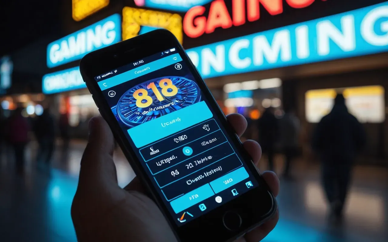 A close-up of a hand holding a smartphone displaying a colorful gaming interface with abstract geometric shapes and vibrant blue light reflections.