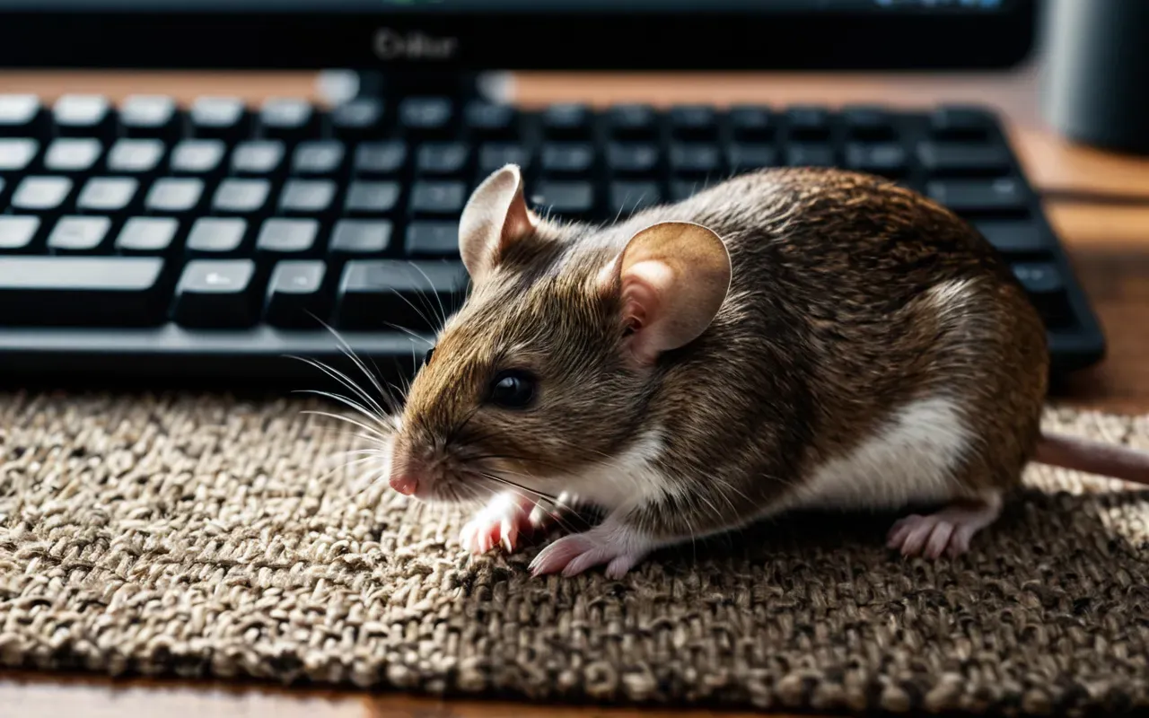 A close-up of a mouse with customized lighting sitting on a textured mat next to a keyboard in a modern workspace.