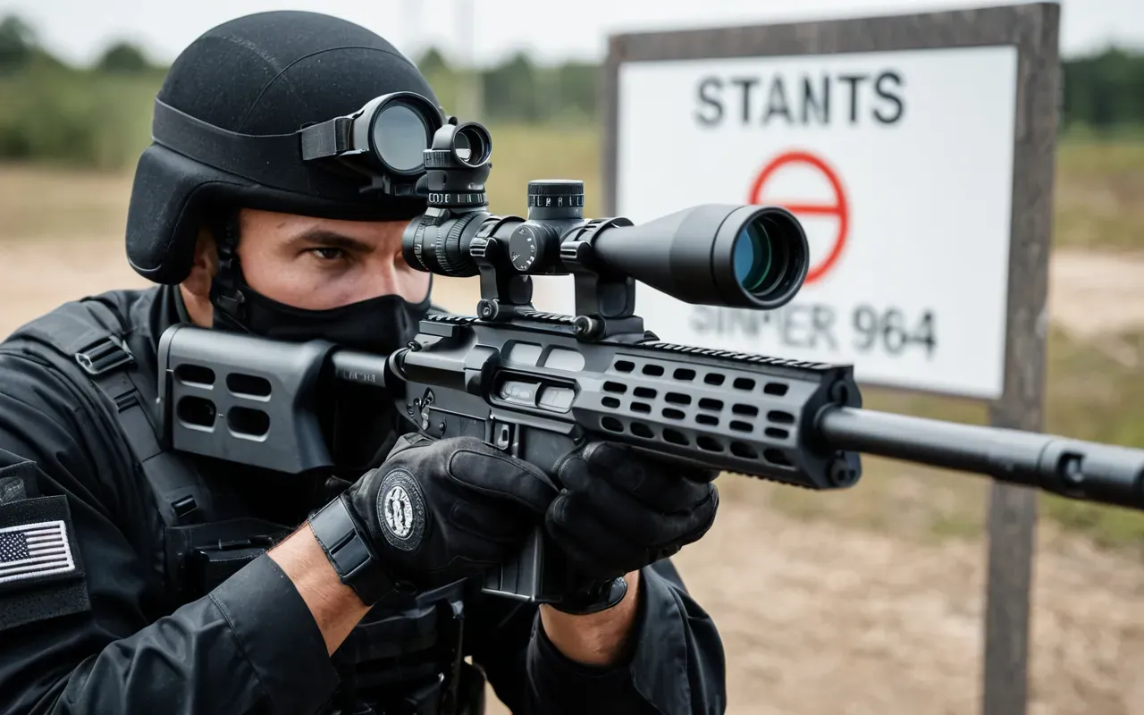 sniper rifle precision scene A close-up of a tactical operator wearing black gloves holding a sniper rifle with a scope in a bright outdoor training range with white barriers.