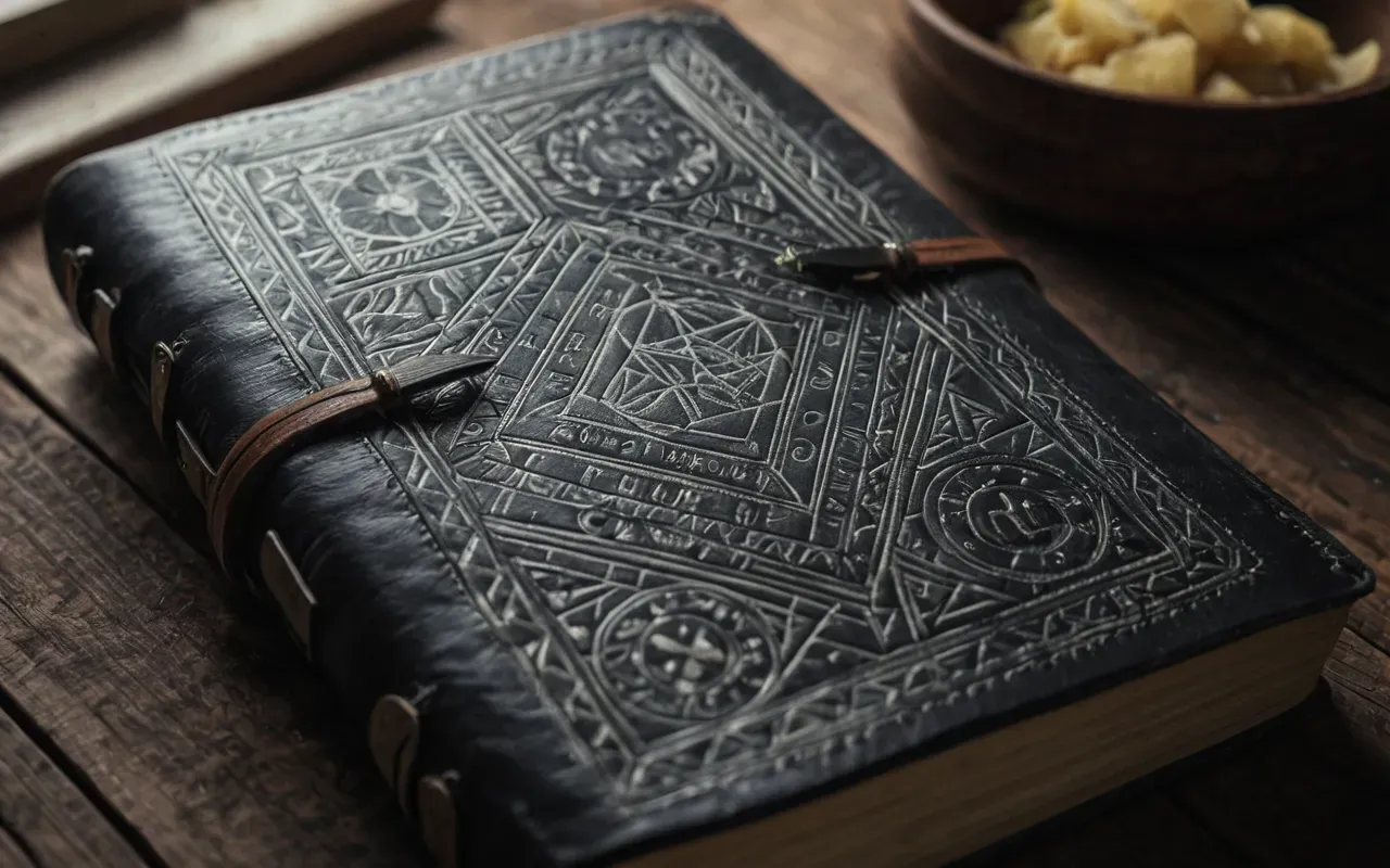 A close-up of a worn leather journal with complex geometric diagrams drawn in charcoal pencil on the page. The lighting is soft and moody coming from a nearby window casting long shadows across the wooden table surface.