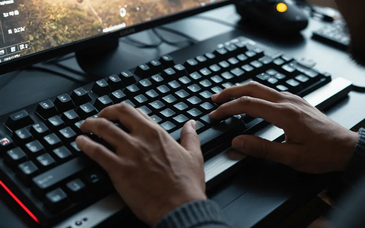 gaming keyboard action A close up of hands typing rapidly on a backlit gaming keyboard with fingers positioned over the keys showing focused engagement with the device