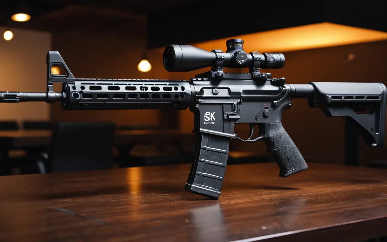 A close-up photograph of a modern assault rifle resting on a dark wooden table under warm studio lighting, with a soft gradient background and no visible text or logos.