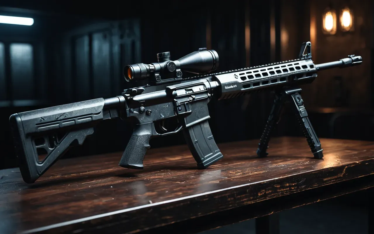 A close up shot of a futuristic assault rifle with intricate metallic textures resting on a dark wooden table under dramatic spotlighting highlighting the weapon details and craftsmanship