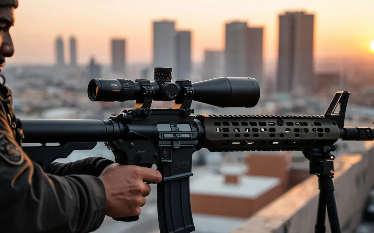 A close-up shot of a hand holding a modern tactical rifle with a scope attached standing in front of blurred city buildings during sunset with warm orange light reflecting off the metal surfaces.