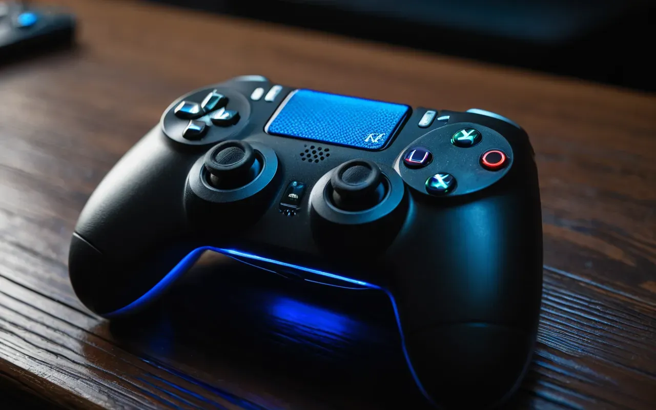 A close-up shot of a high-end gaming controller with glowing blue LED lights sitting on a dark wooden desk. The background is softly blurred showing a large monitor displaying abstract digital waveforms in shades of orange and red, indicating system stress or error states.