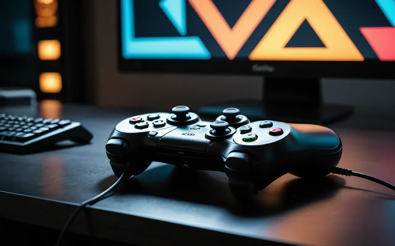 A close-up shot of a modern gaming controller resting on a dark desk next to a glowing monitor displaying abstract colorful geometric shapes that represent digital visual noise in a video game environment with soft ambient lighting and shallow depth of field focusing on the plastic texture of the buttons.