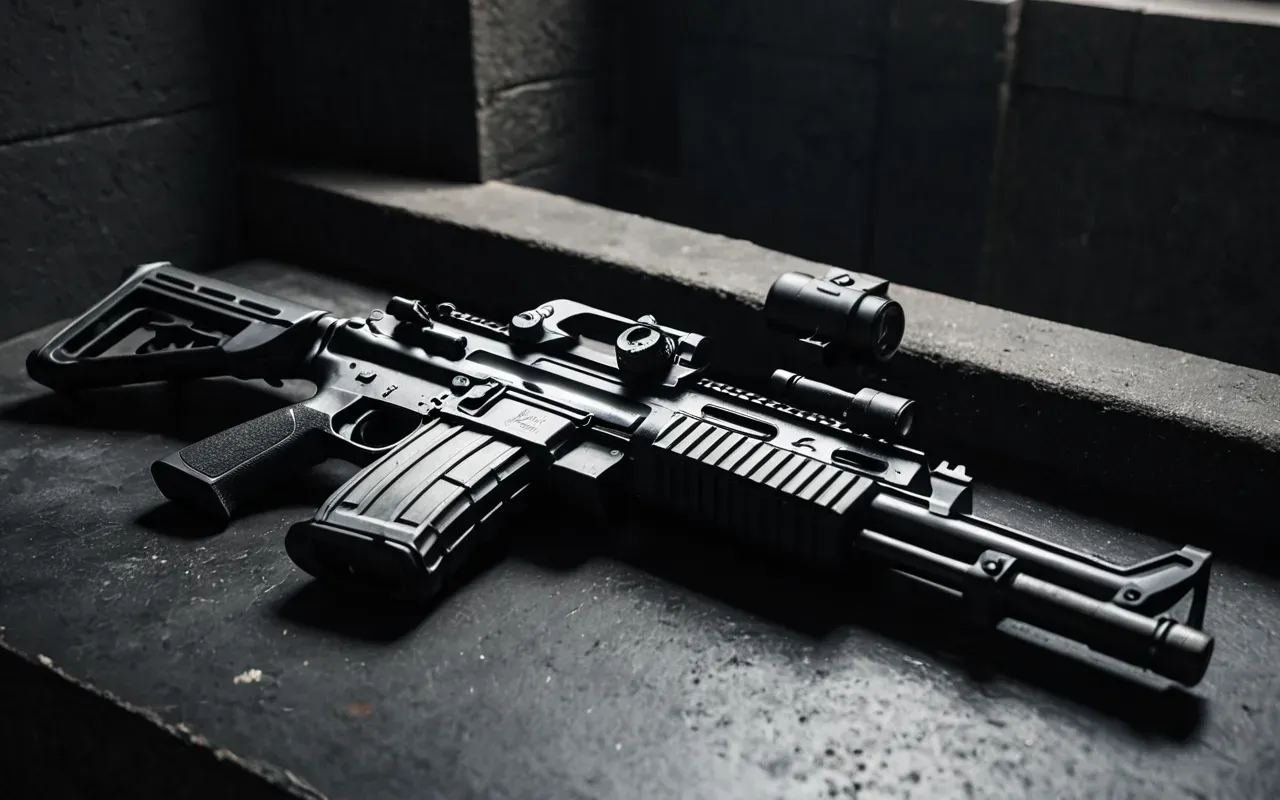 A close up view of a detailed sub machine gun resting on a dark concrete surface with soft dramatic lighting highlighting the metal texture and tactical design elements.