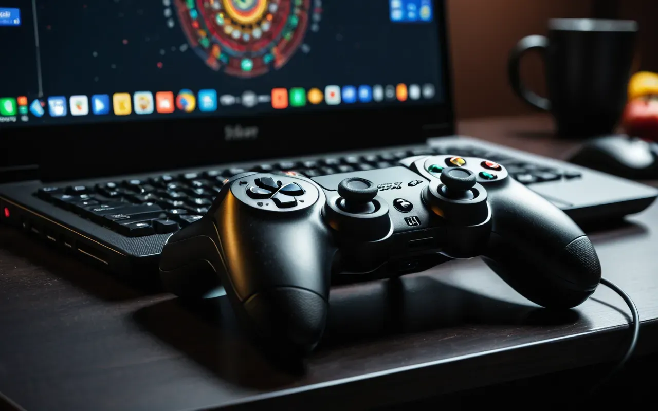 A close-up view of a gaming controller resting on a dark desk next to a laptop screen displaying abstract colorful graphics. The lighting is dim and focused on the device.