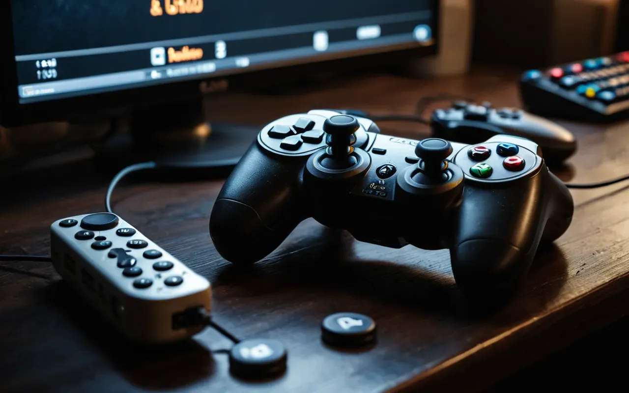 A close-up view of a gaming controller with worn buttons sitting on a dark desk next to a glowing monitor in a dimly lit room at night.
