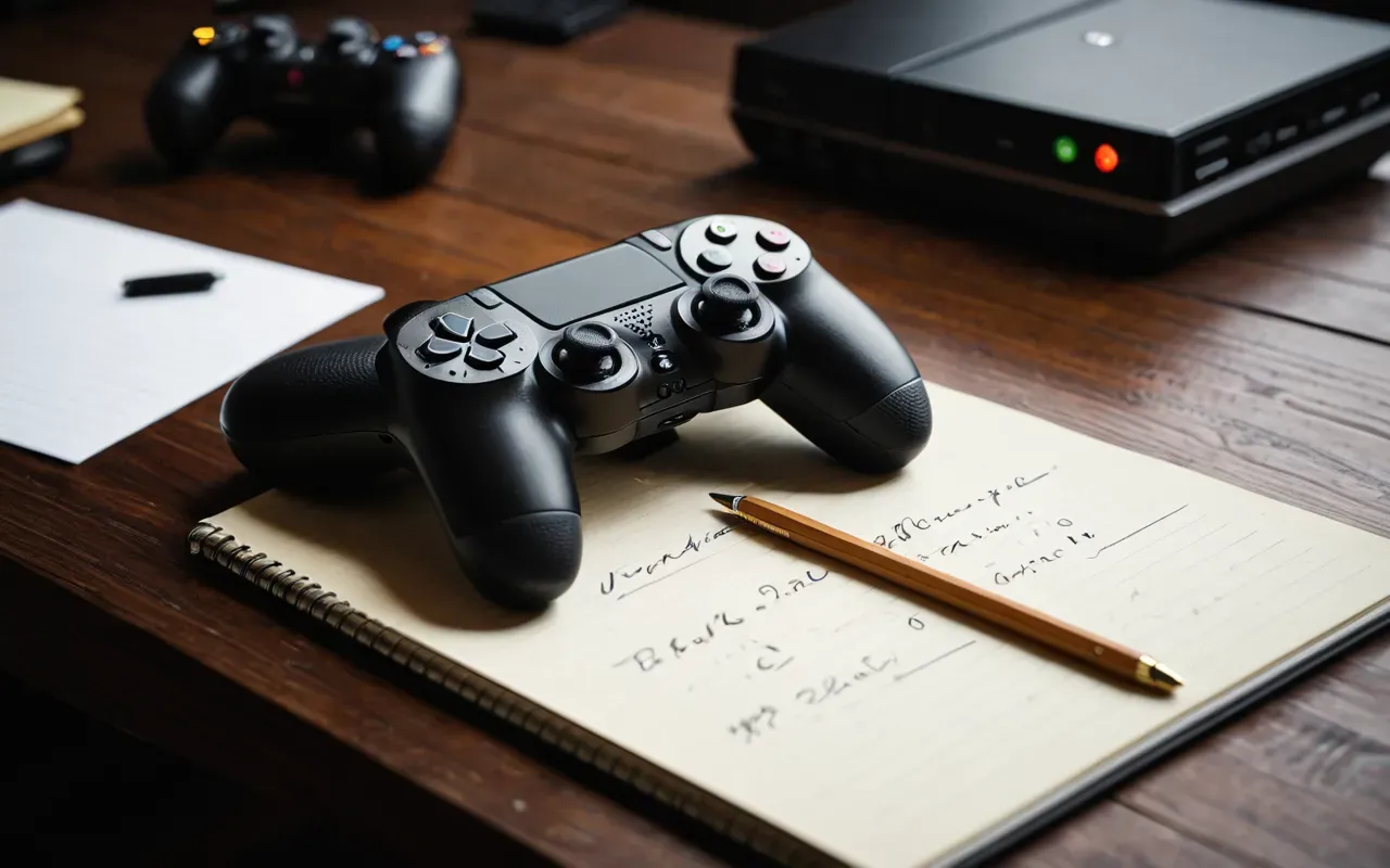 A close-up view of a gaming controller resting on a dark wooden desk beside an open notebook with handwritten notes and checkboxes visible in the margins, warm desk lamp light casting soft shadows across the surface, shallow depth of field focusing on the controller grip area.