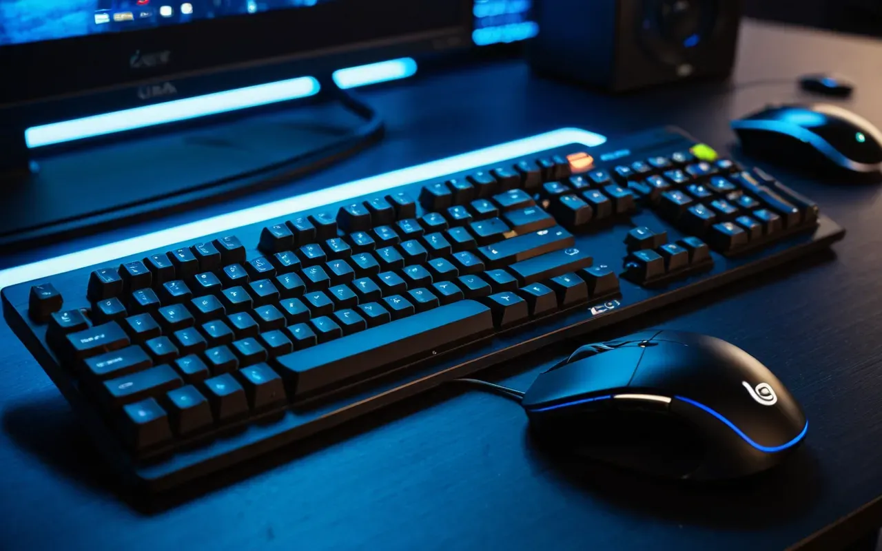 A close-up view of a gaming keyboard and mouse on a dark desk with blue ambient lighting reflecting off the plastic surfaces creating a moody atmosphere.