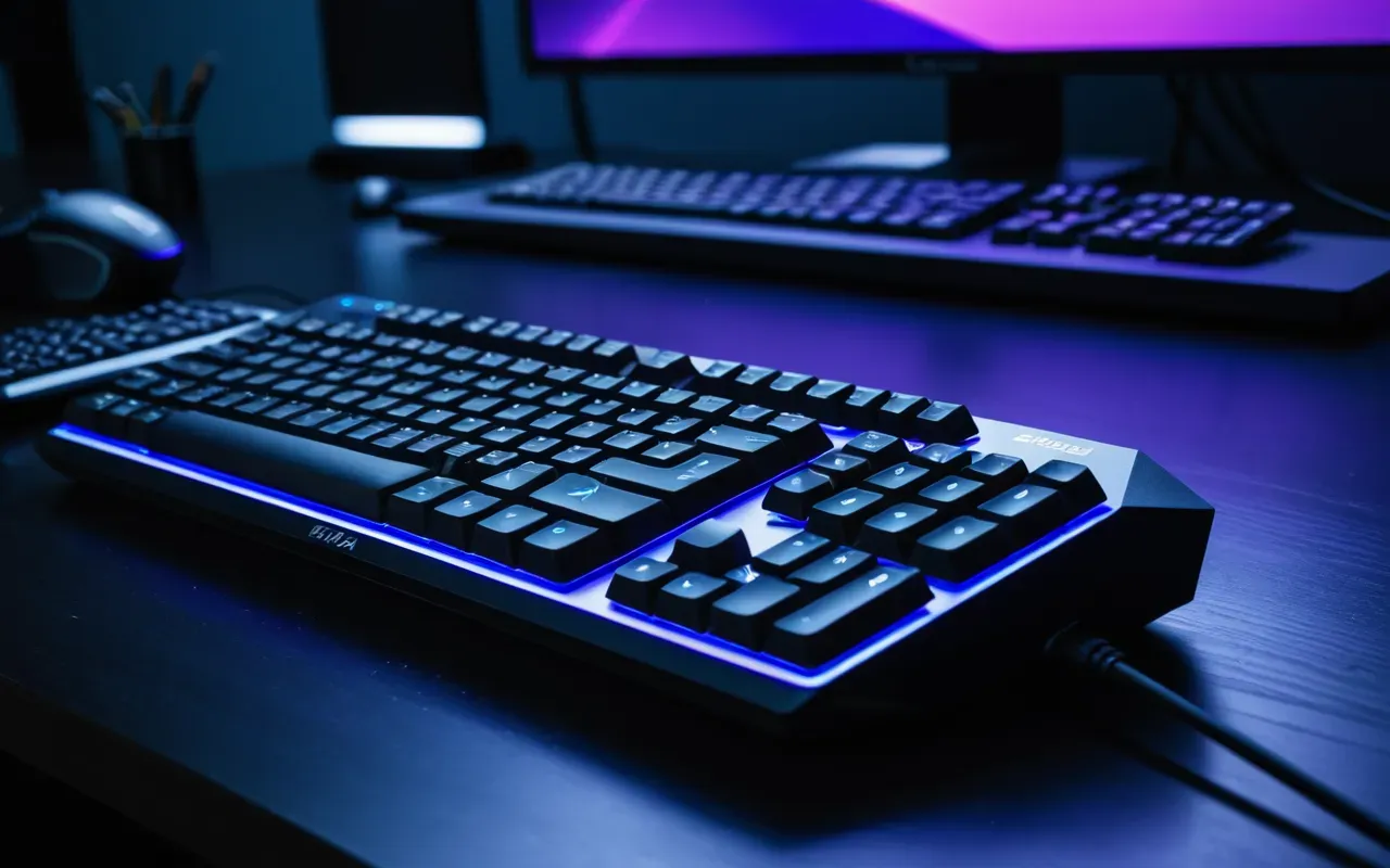 A close-up view of a modern gaming mouse and keyboard setup with RGB lighting glowing in blue and purple hues on a dark desk surface. The focus is sharp on the device textures showing wear patterns from heavy use during long sessions.