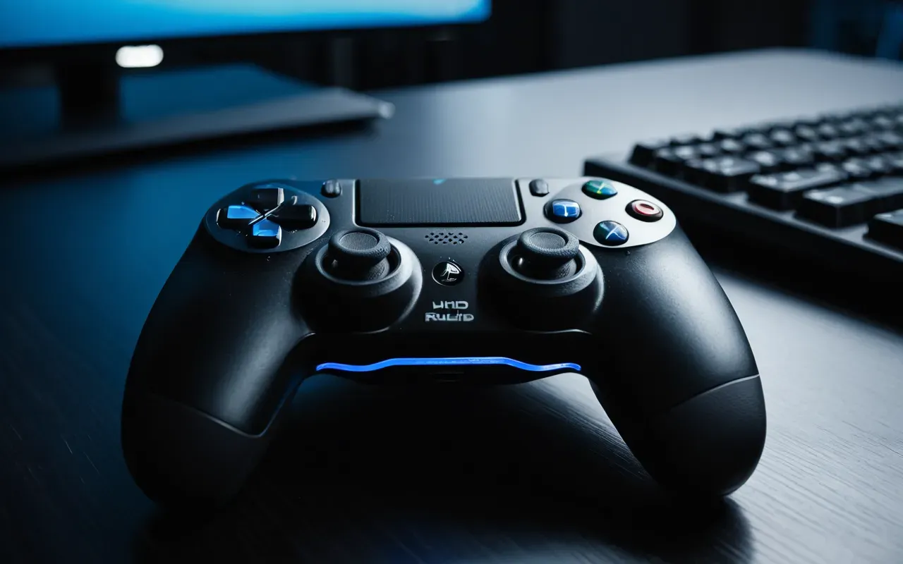 A close-up view of a modern gaming controller resting on a dark desk surface with soft blue ambient lighting in the background highlighting the texture of the rubber grips and buttons without any visible brand logos or text labels.