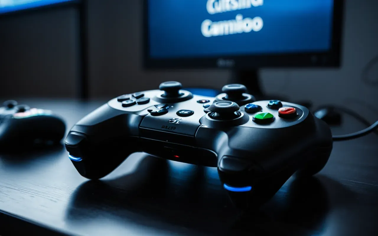 A close-up view of a modern gaming controller resting on a dark desk surface with soft blue ambient lighting from an off-screen monitor in the background highlighting the texture of the rubber grip and precise button placement without any visible branding or text.
