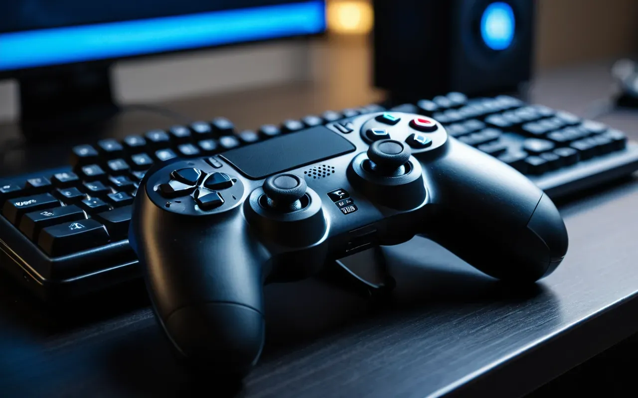 A close up view of a modern gaming controller resting on a dark desk surface with soft blue LED lighting in the background and blurred keyboard keys visible at the edge