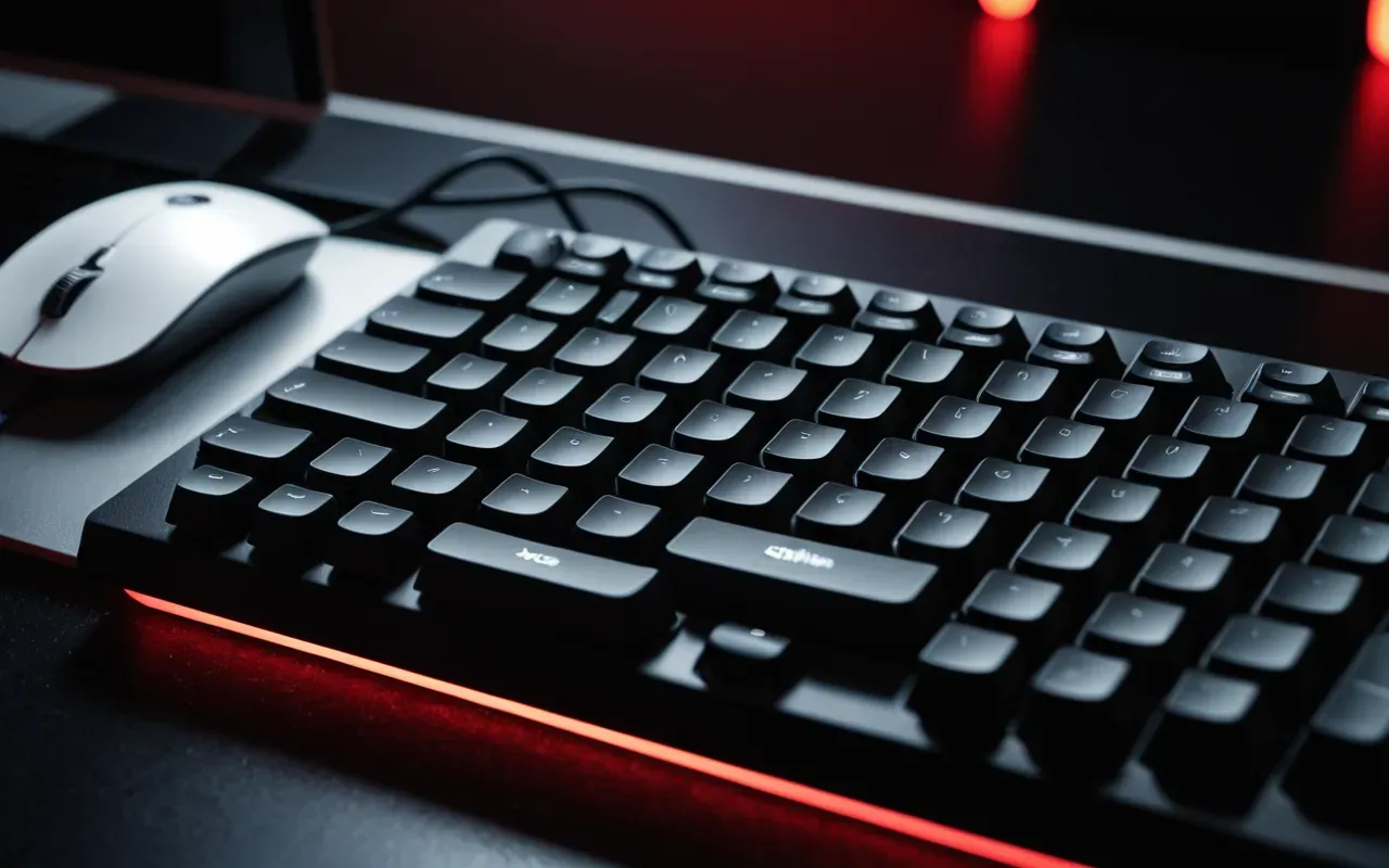 A close-up view of a modern gaming keyboard with red backlighting and black keycaps on a dark desk surface next to a white mouse.