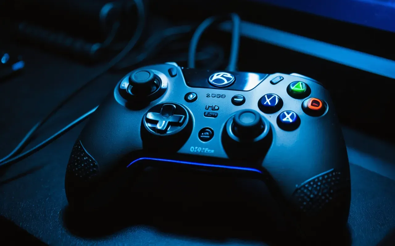 A close-up view of a tactical gaming controller with glowing blue lights in a dark room. The focus is on the texture of the rubber grip and the illuminated buttons.