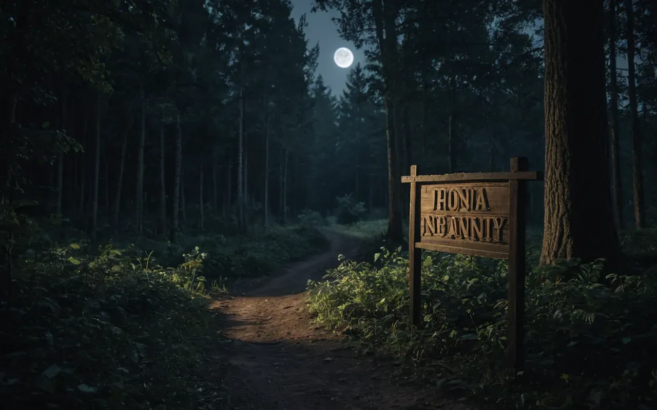 A dark forest scene at night with moonlight filtering through dense trees creating a mysterious and slightly eerie atmosphere.