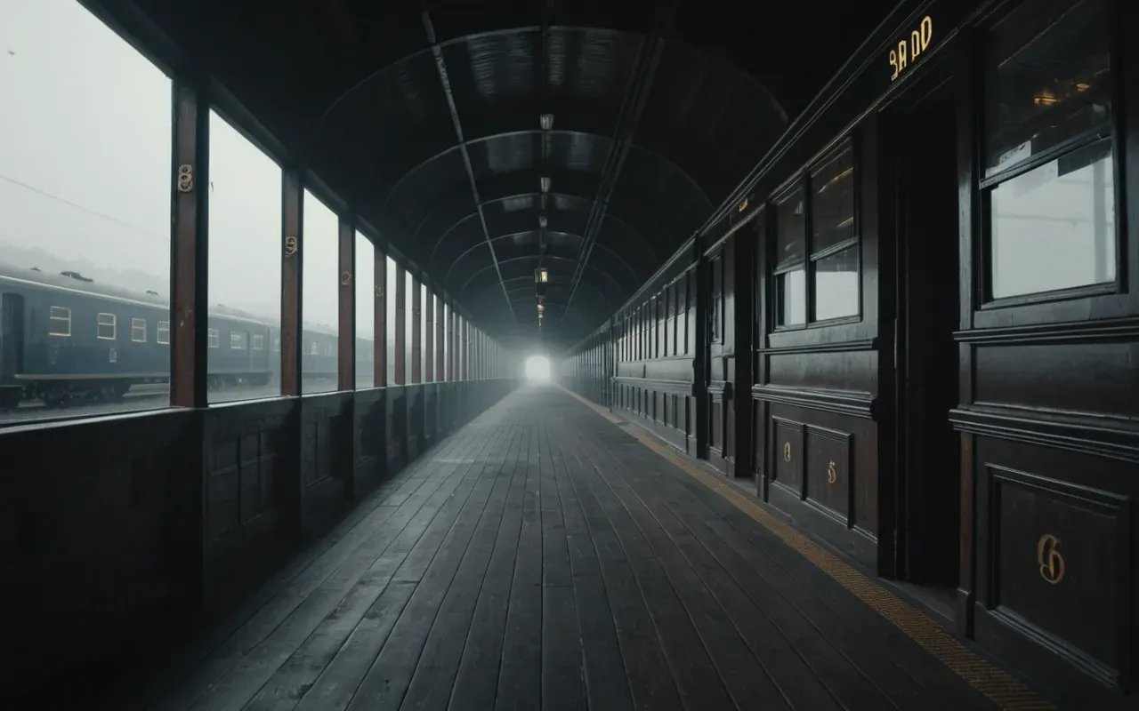 A dark spooky hallway with a large ghostly train in the distance and fog rolling over wooden floors.