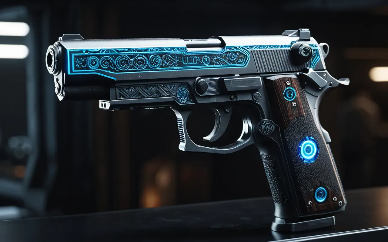 A detailed close up of a futuristic pistol with glowing blue accents and intricate mechanical parts visible on the side panel reflecting light in a dark environment emphasizing precision engineering design