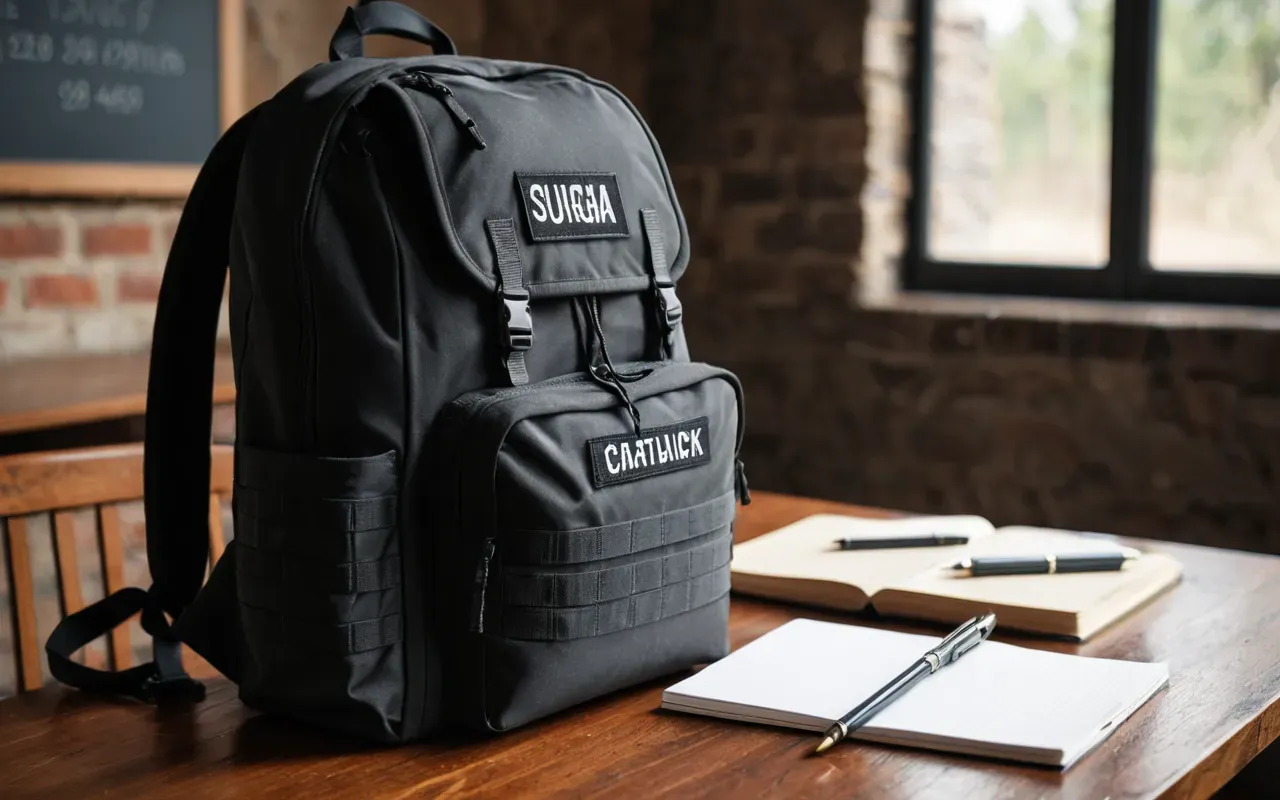 A detailed view of a tactical backpack placed on a wooden table next to a notebook with blank pages and a pen illustrating the concept of strategic planning for game progression without any visible writing or numbers on the surfaces.