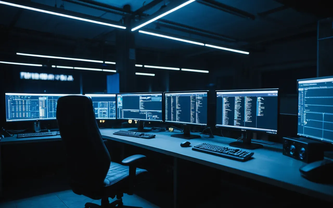 A dimly lit game development studio at night with multiple monitors showing code and design tools. The room is empty but the screens glow blue and white against the dark walls.