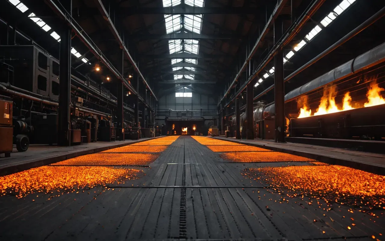 A dimly lit industrial interior with glowing orange embers scattered across metal floors, a large dark furnace structure in the center emitting soft heat distortion, narrow corridor leading to it, shadows cast by overhead pipes creating moody atmosphere, no people present.