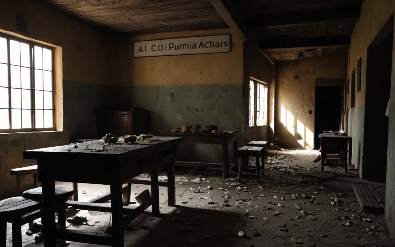 A dimly lit interior room with scattered debris and broken furniture casting long shadows from a single overhead light source creating tension.