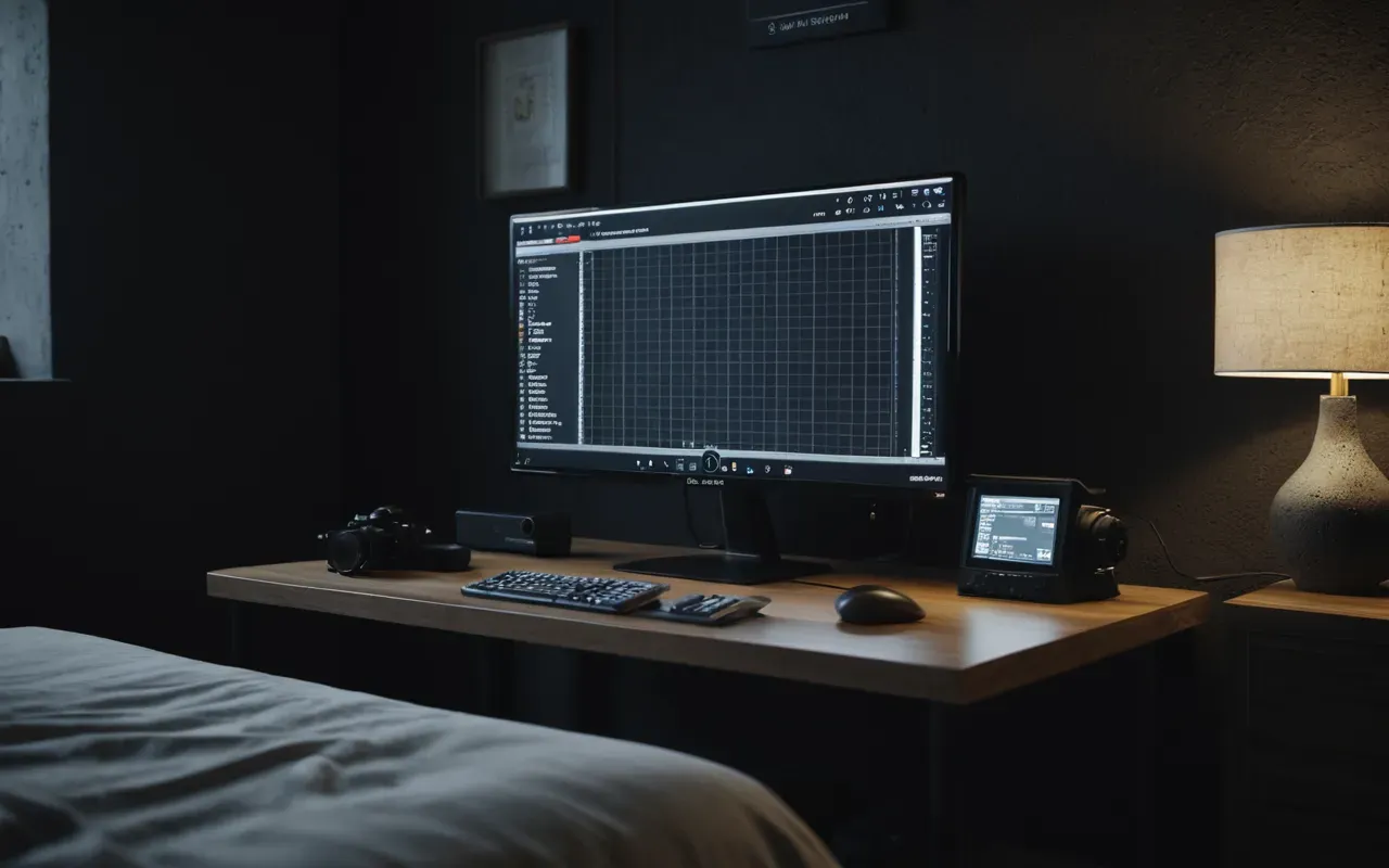 gaming environment A dimly lit modern bedroom with a large computer monitor glowing softly in the center surrounded by plain dark walls and minimal furniture creating a calm atmosphere