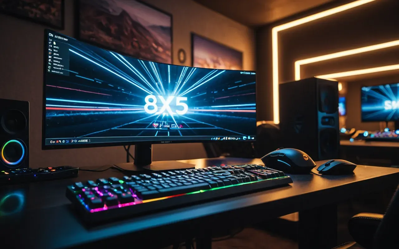 A dimly lit modern gaming room with a high-end monitor displaying abstract colorful light streaks from an intense video game battle scene, keyboard and mouse on desk.