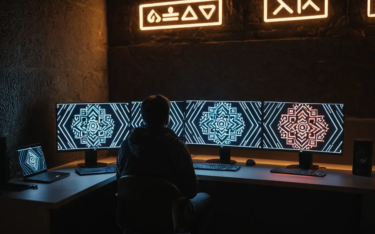 A dimly lit room at night where a person sits before two glowing computer monitors displaying abstract geometric shapes and colorful patterns with no visible words or symbols on the screens