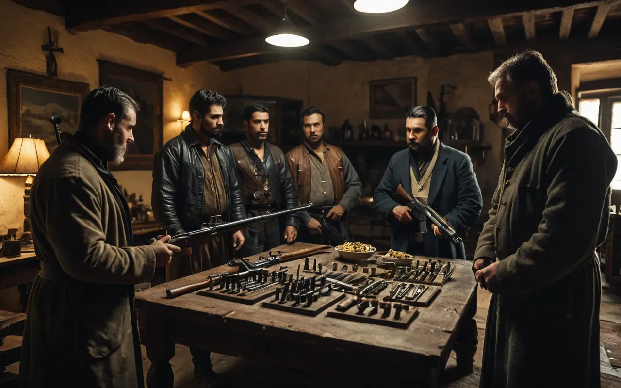 A dimly lit room filled with vintage furniture and old artifacts where a group of friends holds weapons ready to defend against an unseen threat creating a tense atmosphere in a horror setting