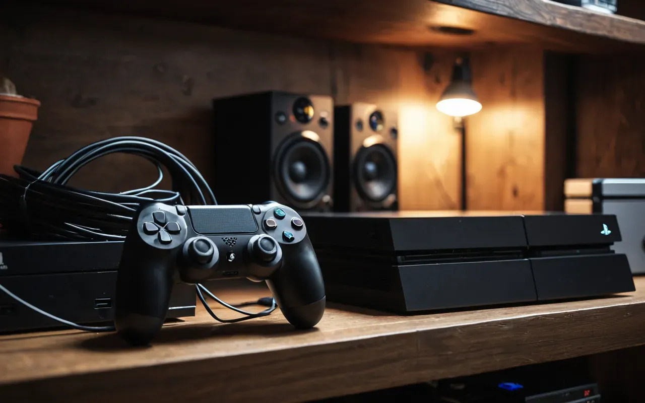 A dimly lit room with a dusty PlayStation 4 console sitting on a wooden shelf next to two game cases and a tangle of black controller cables under warm ambient light