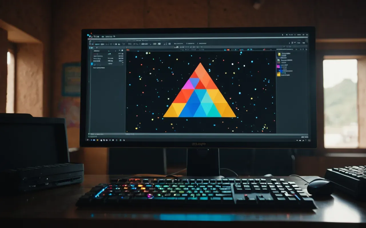 A dimly lit room with a large monitor displaying abstract colorful geometric shapes and particle effects in the center of the frame while a keyboard sits in the foreground bathed in cool purple light creating a focused atmosphere for gaming without any visible text or icons on the screen.