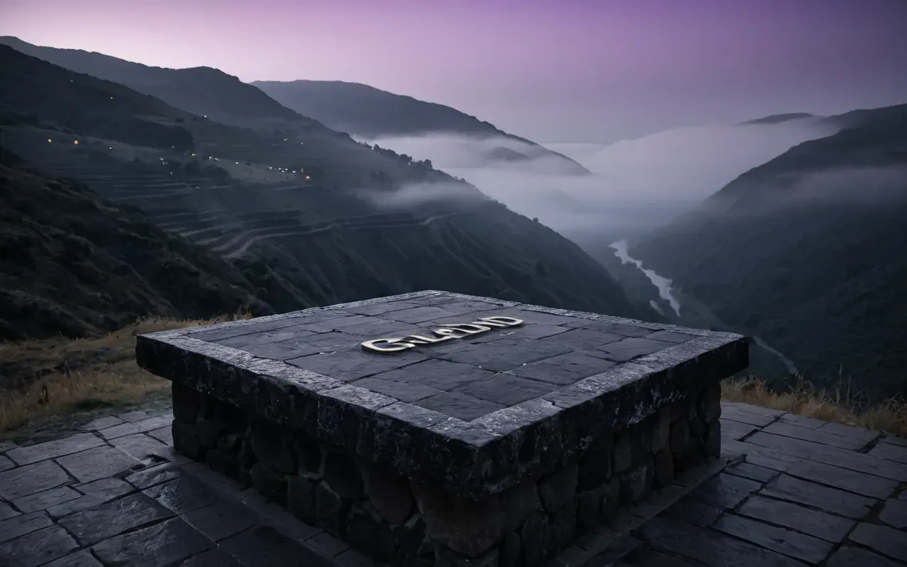 A dramatic elevated stone platform overlooking a dark valley at night, fog rolling in from below, faint purple glow emanating from the center of the platform where an ancient pedestal stands alone, jagged rocks framing the edges, moody cinematic lighting with deep shadows and soft ambient light sources.