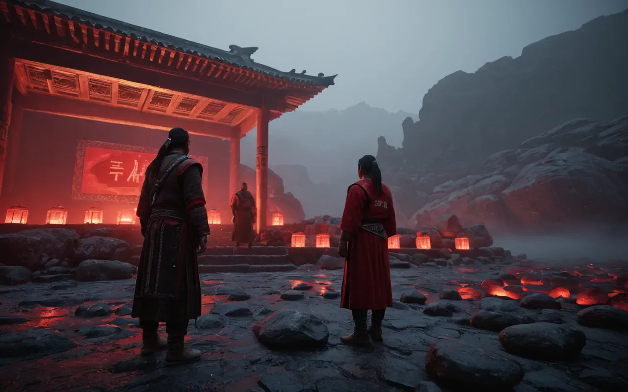 A dramatic scene of two video game characters standing in a dark foggy arena with red lighting and floating rocks in the background.