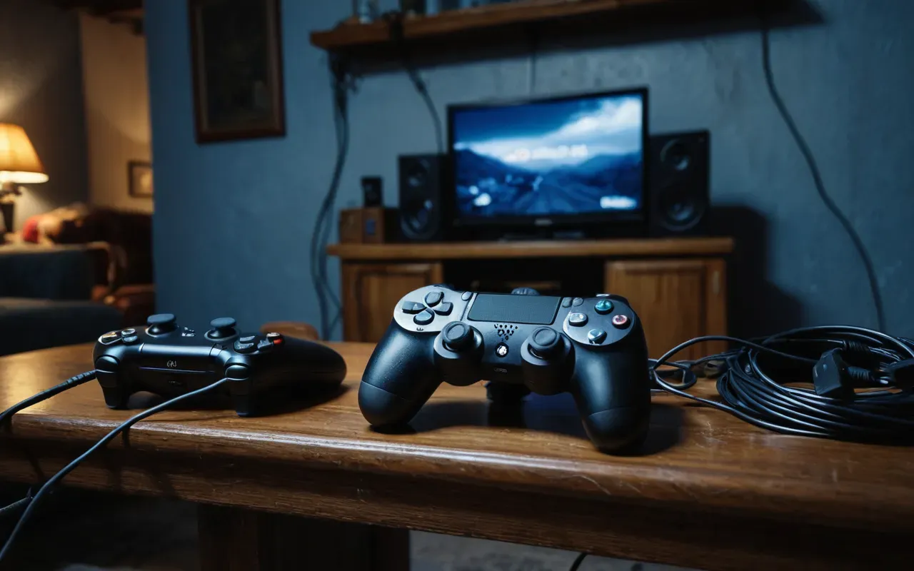 A dusty living room at night with an older generation gaming console sitting on a wooden shelf next to two controllers and a tangled web of black cables in dim blue light.