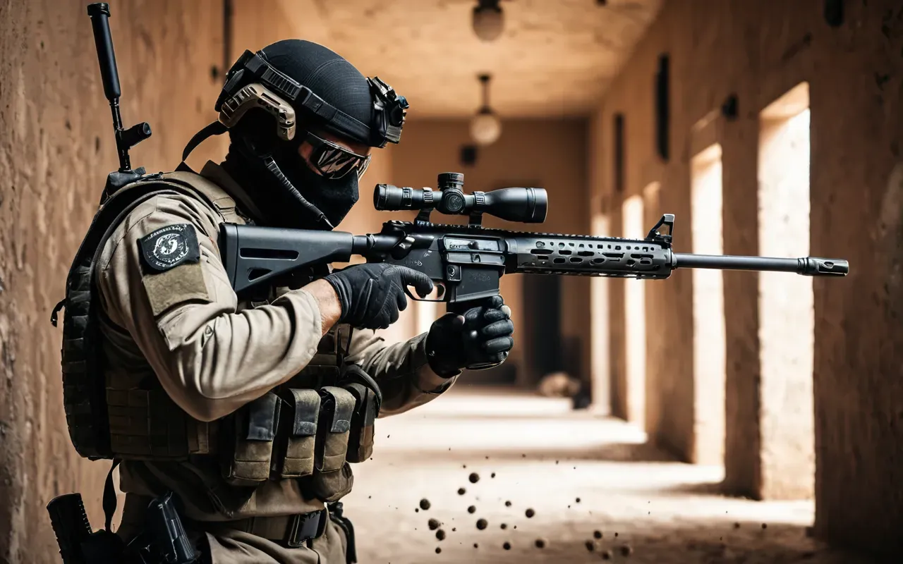 A dynamic action shot of a player character in tactical gear aiming a precision rifle through a narrow corridor with dust particles floating in the air suggesting intense competitive gameplay environment