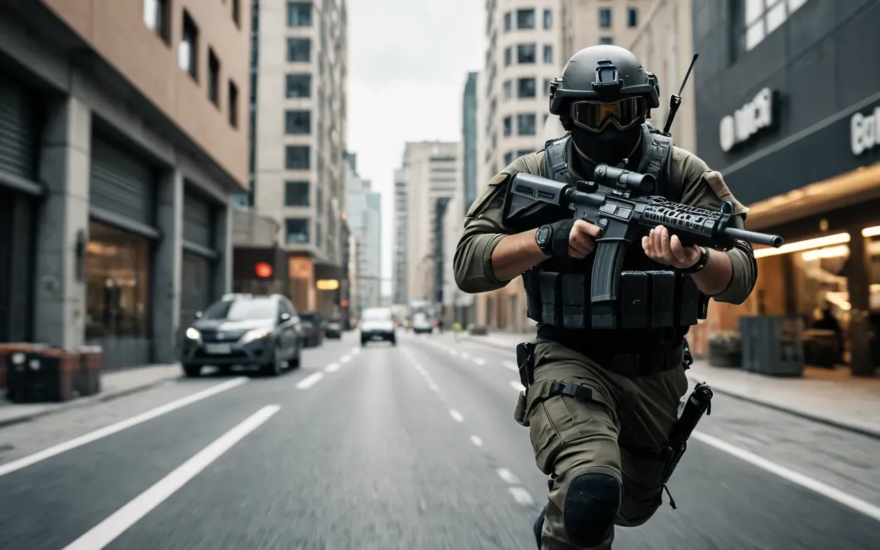 A dynamic shot of a video game character in tactical gear sprinting through a modern urban environment with buildings and vehicles visible in the background under overcast lighting.