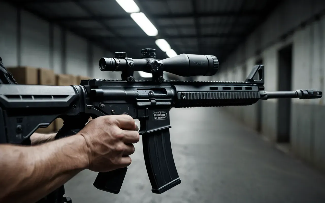 A first person perspective of hands holding a tactical sub machine gun aiming down the sights in a dimly lit industrial corridor with visible motion blur suggesting fast movement.