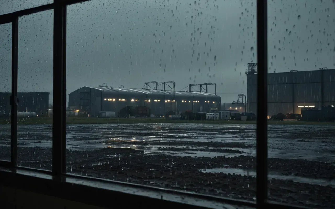 A first-person perspective view through a rainy window looking out at a dimly lit industrial facility with searchlights sweeping across the wet ground and distant silhouettes of soldiers moving.